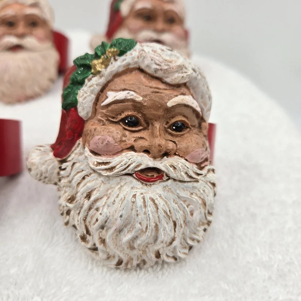 Vintage Set of 6 Kemp & Beatley Hard Resin & Wood Santa Head Napkin Holders